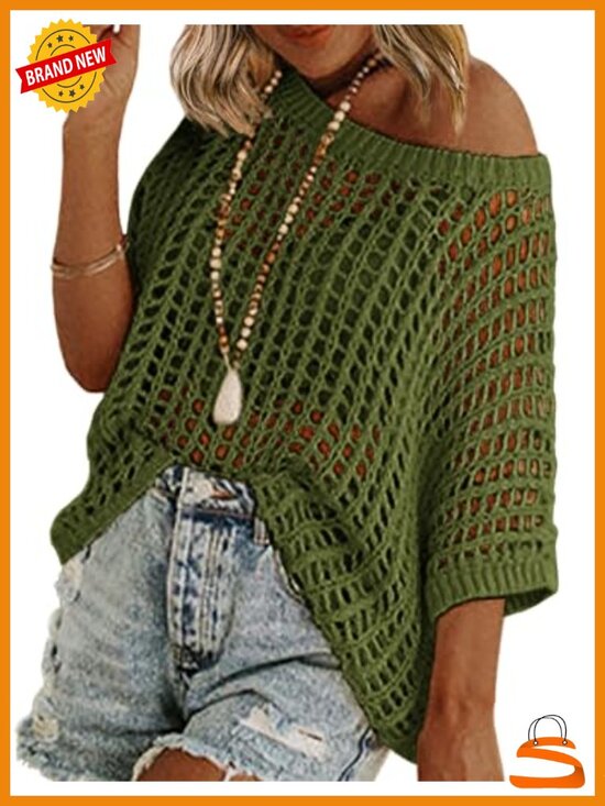 Sweaters - Short Sleeve Crochet Sweater Lightweight Summer Pullover